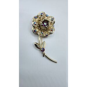 Vintage Sarah Coventry Signed AB Rhinestone Flower Brooch Gold-tone Red Sz 3.75"